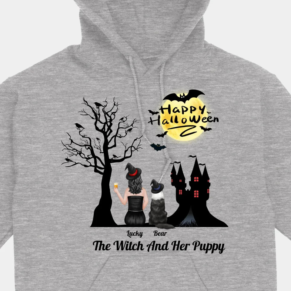 The Witch And Her Puppy - Personalized Unisex T-shirt, Sweatshirt, Hoodie - Halloween Gifts For Witches, Dog Lovers, Pet Lovers