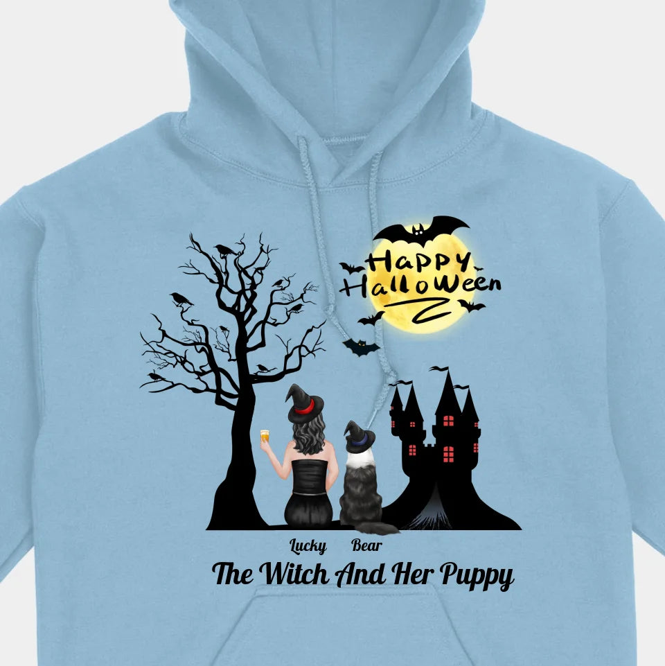 The Witch And Her Puppy - Personalized Unisex T-shirt, Sweatshirt, Hoodie - Halloween Gifts For Witches, Dog Lovers, Pet Lovers