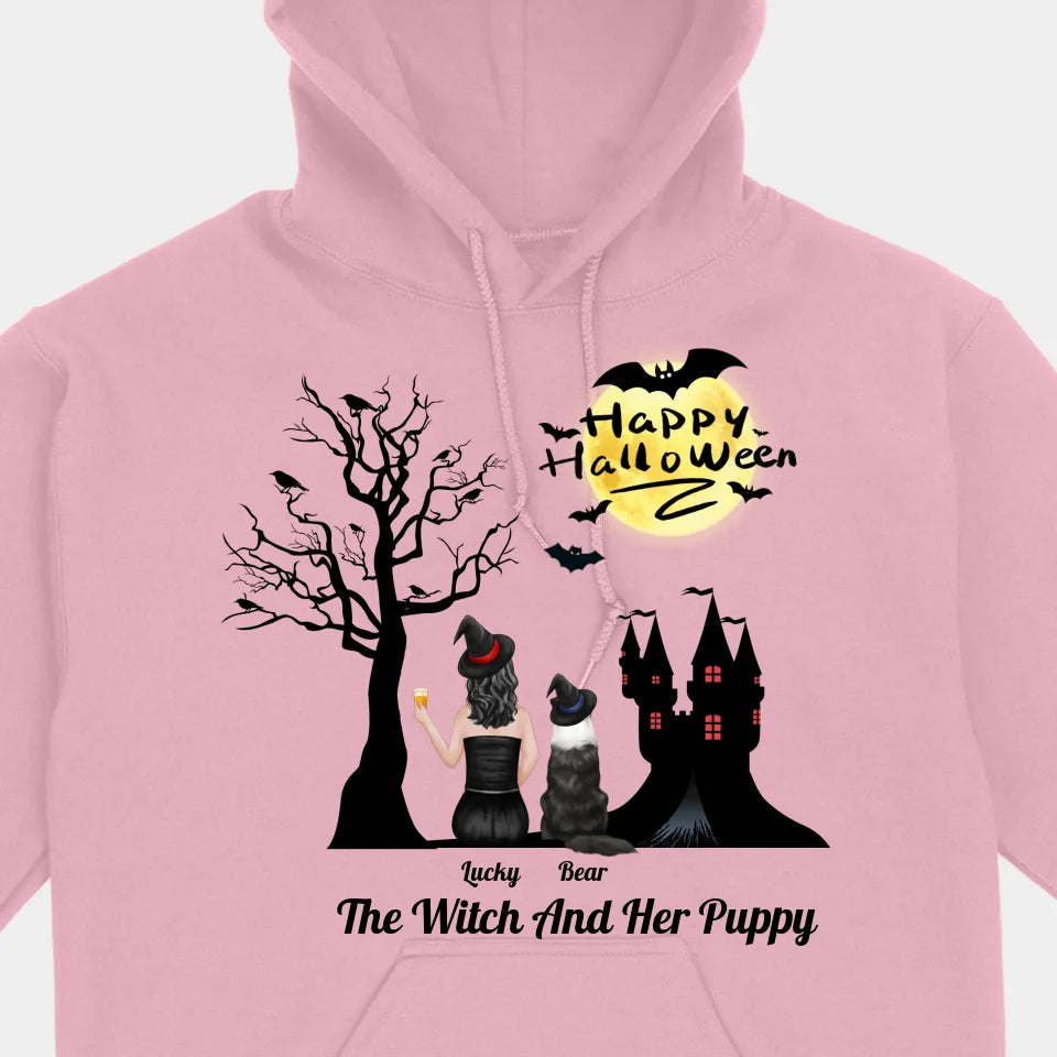 The Witch And Her Puppy - Personalized Unisex T-shirt, Sweatshirt, Hoodie - Halloween Gifts For Witches, Dog Lovers, Pet Lovers