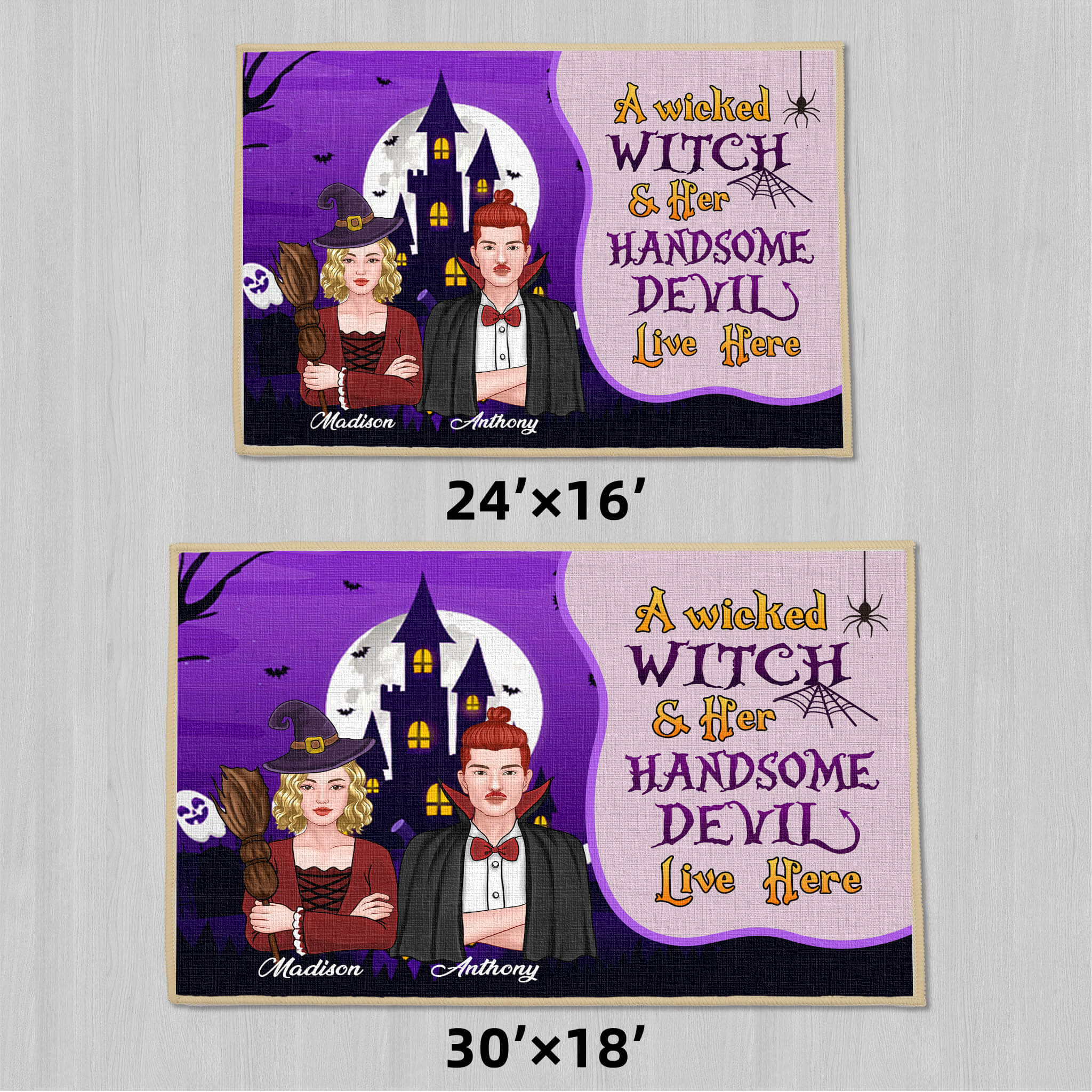 A Wicked Witch And Her Handsome Devil Live Here - Couple Personalized Decorative Mat, Doormat -  Halloween Gift For Couples, Husband Wife