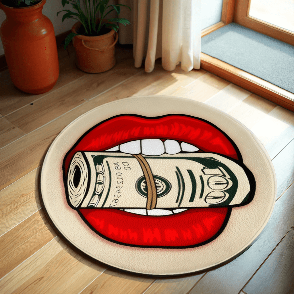 Abstract Lip Dollar Banknote Decoration, Round Non-Slip Soft And Comfortable Floormat