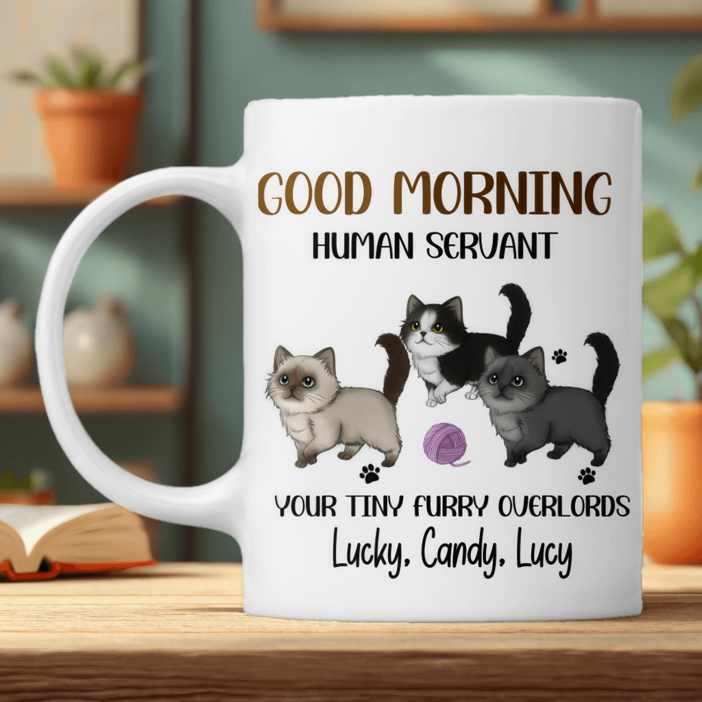 Walking Fluffy Cats Good Morning Cat Human Servant - Cats Personalized Mug - Gift For Pet Lovers, Cat Lovers