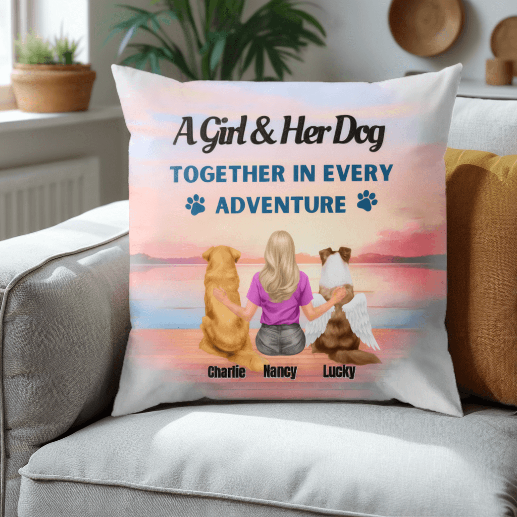 A Girl And Her Dog Together With Every Adventure - Memorial Personalized Custom Pillow - Sympathy, Memorial Gift For Pet Owners, Pet Lovers