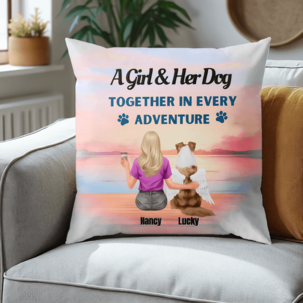 A Girl And Her Dog Together With Every Adventure - Memorial Personalized Custom Pillow - Sympathy, Memorial Gift For Pet Owners, Pet Lovers