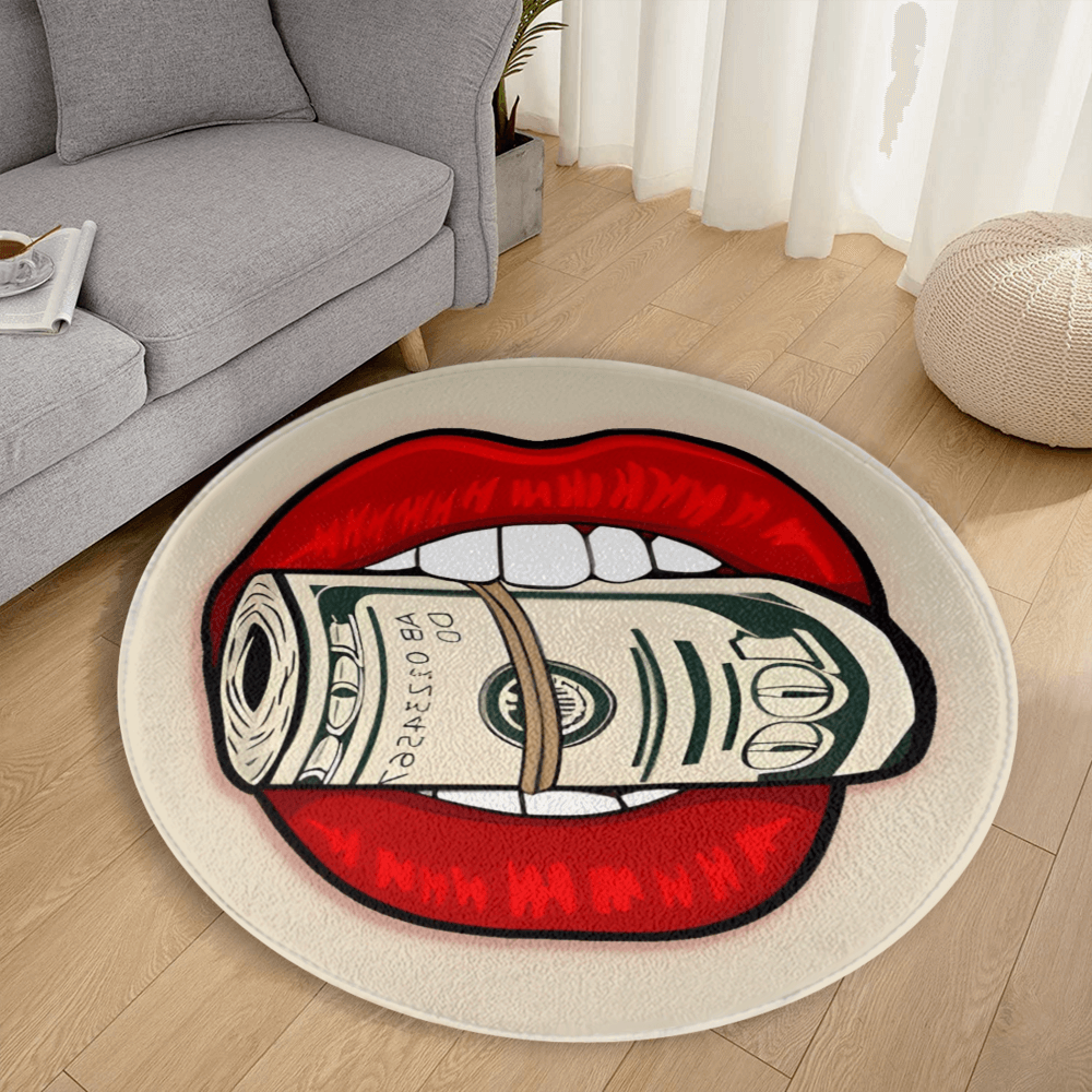 Abstract Lip Dollar Banknote Decoration, Round Non-Slip Soft And Comfortable Floormat