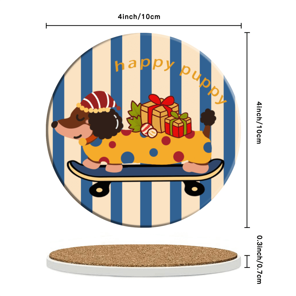 Vertical Striped Dachshund, Round Ceramic Coaster (Combination Set)