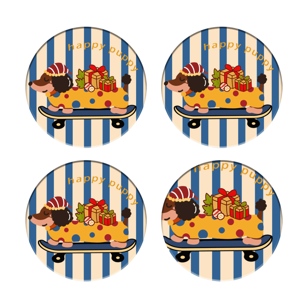 Vertical Striped Dachshund, Round Ceramic Coaster (Combination Set)