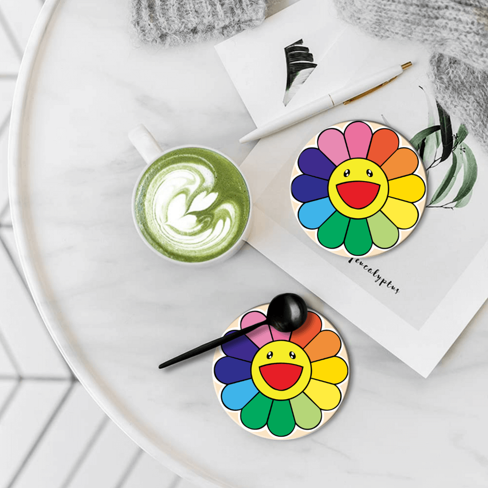 Smiling Face Sunflower Creative, Round Ceramic Coaster (Combination Set)