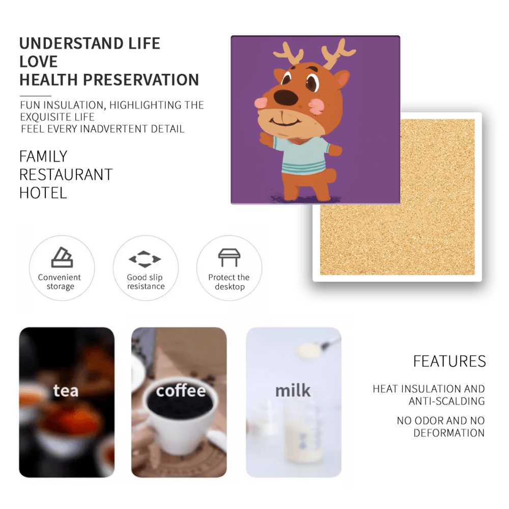 Cartoon Cute Deer, Square Ceramic Coaster (Combination Pack)