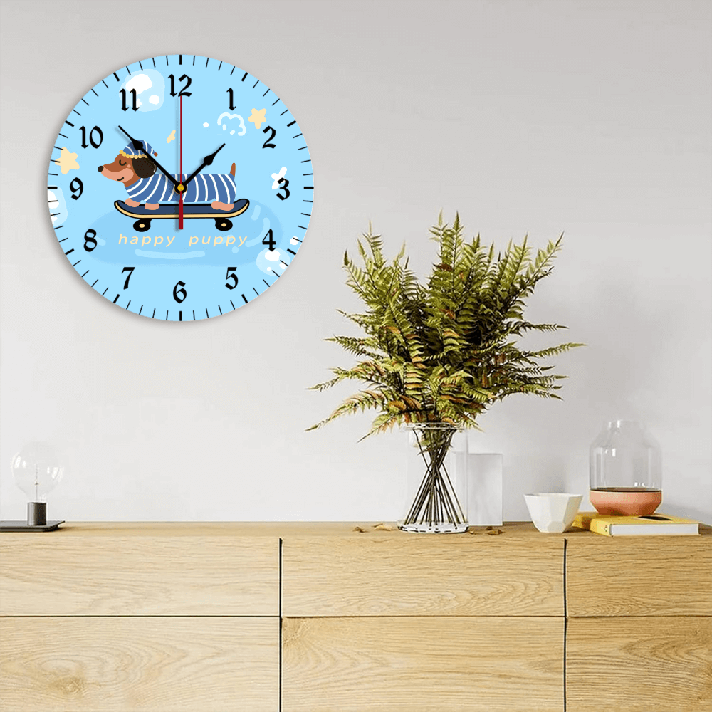 Blue Dachshund Skateboard Creative  Design,Round Stylish Luxury Digital Wall Clock