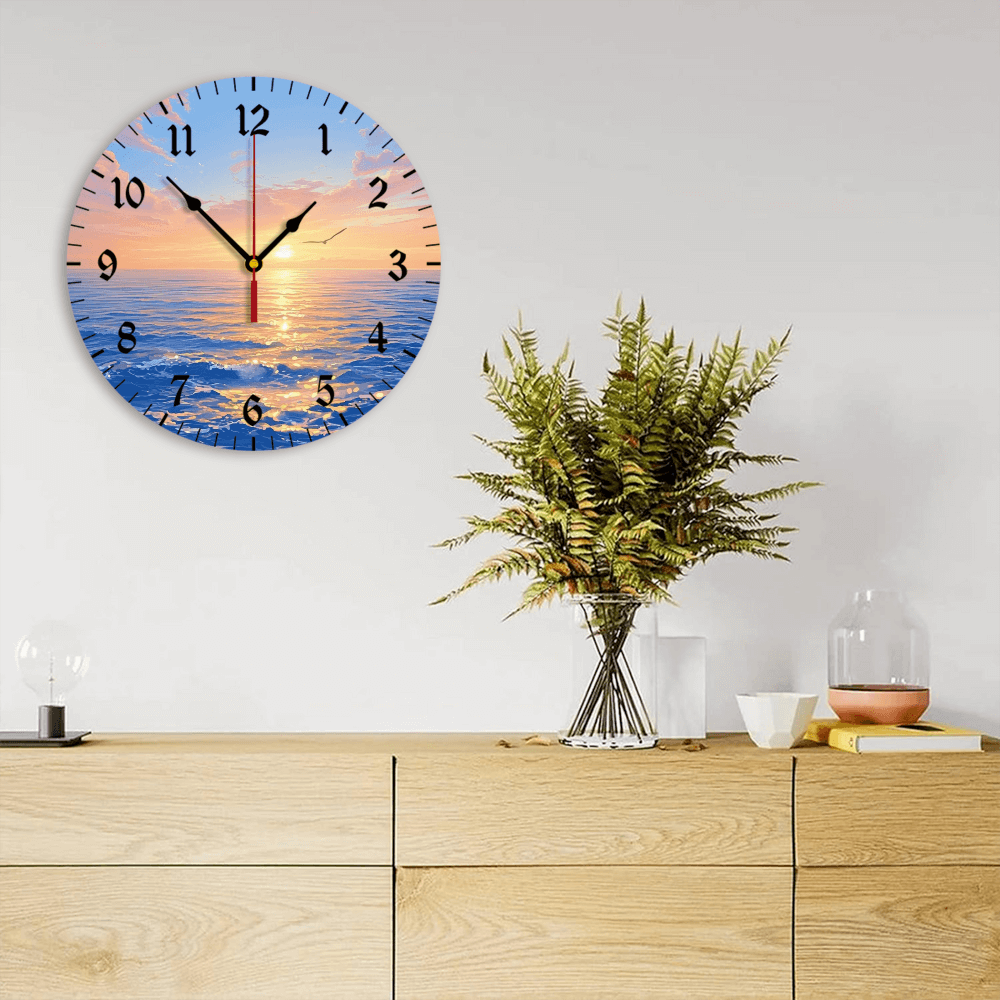 Creative Illustration Of Sunrise At Sea, Round Stylish Luxury Digital Wall Clock