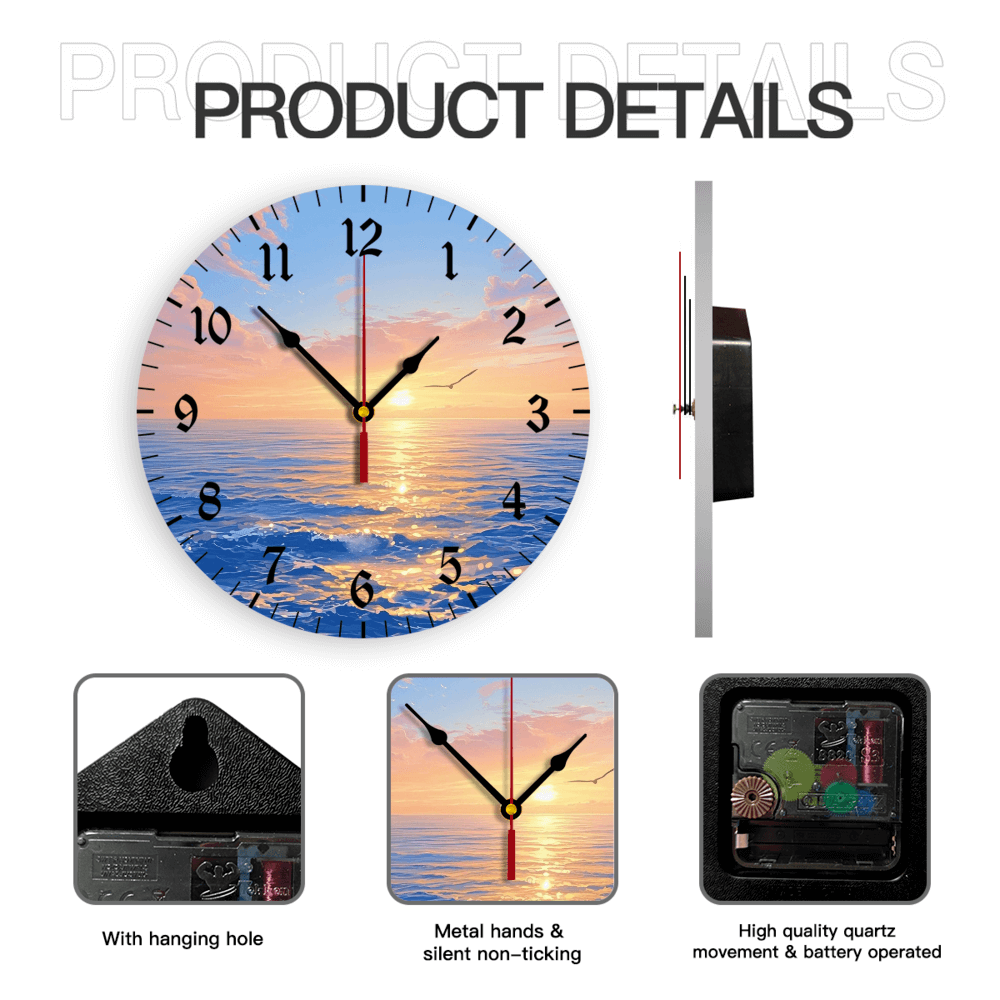 Creative Illustration Of Sunrise At Sea, Round Stylish Luxury Digital Wall Clock