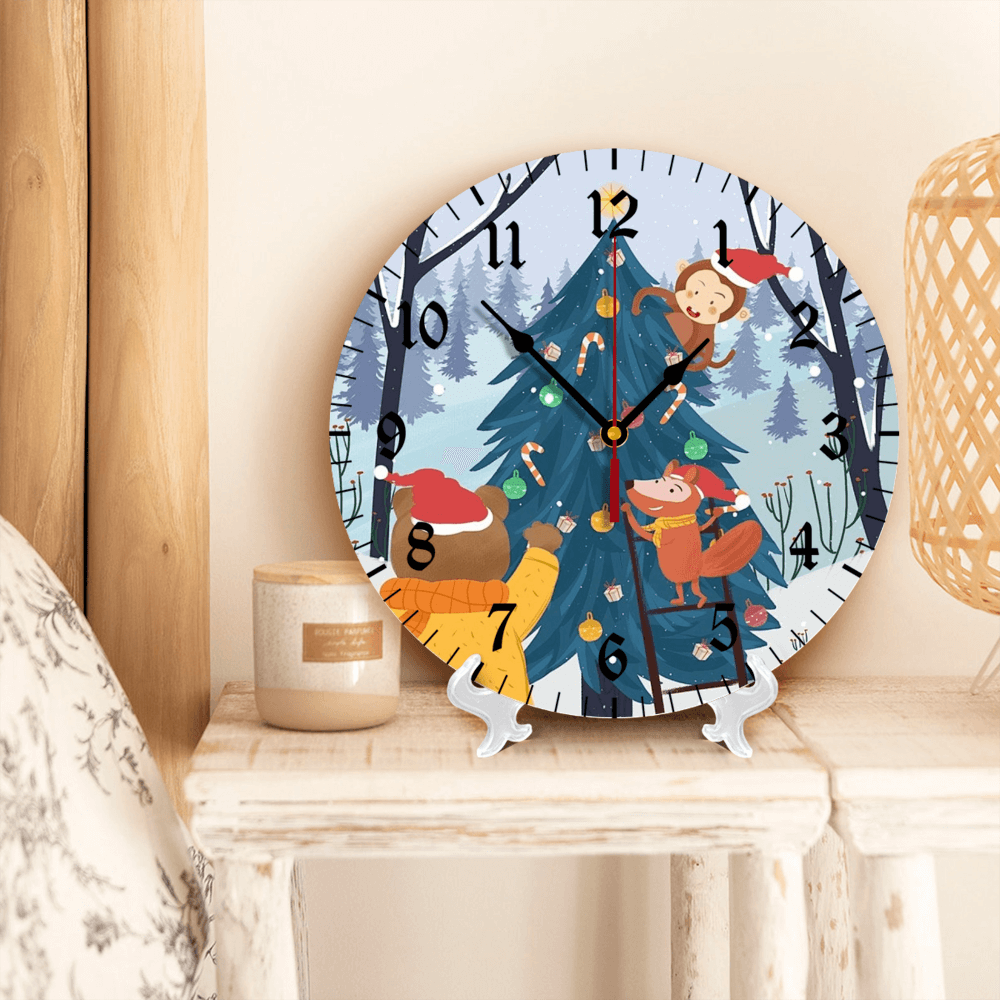 Creative Illustration Of Little Monkey Christmas Sree, Round Stylish Luxury Digital Wall Clock