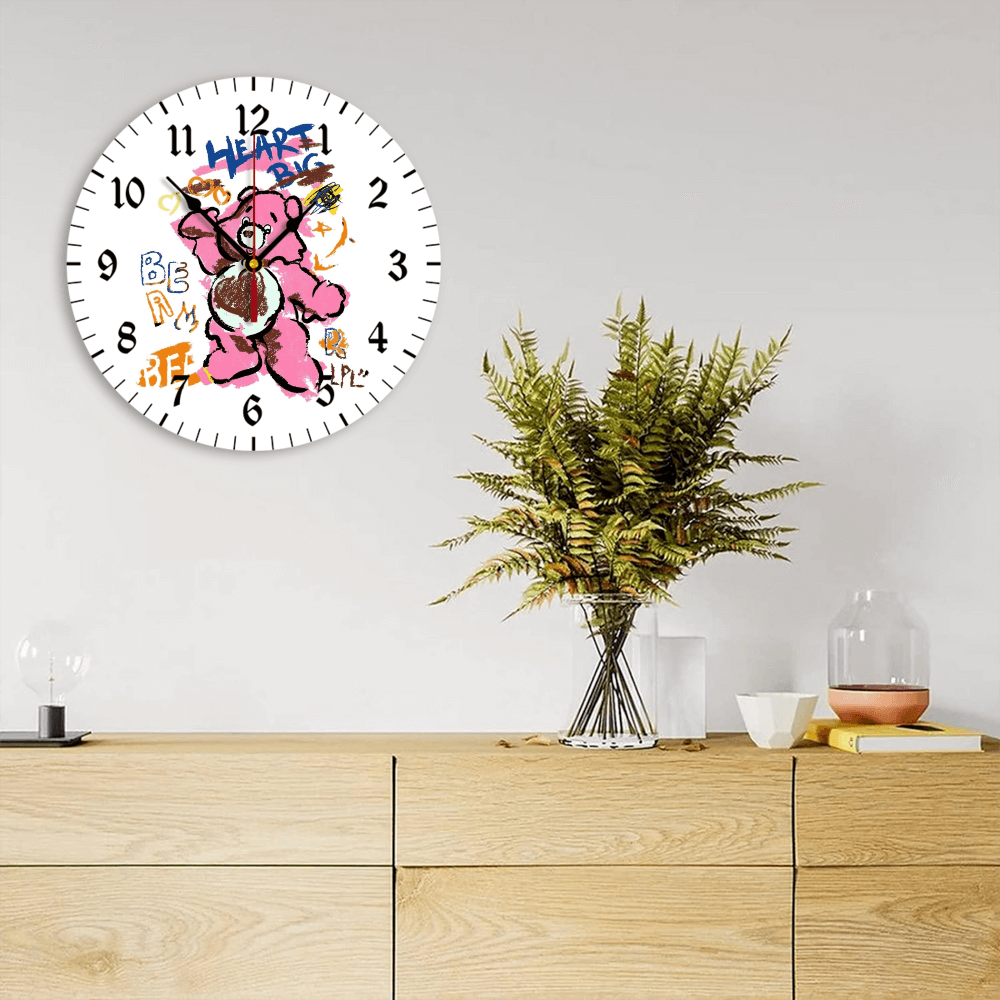 Pink Bear Creative Illustration, Round Stylish Luxury Digital Wall Clock