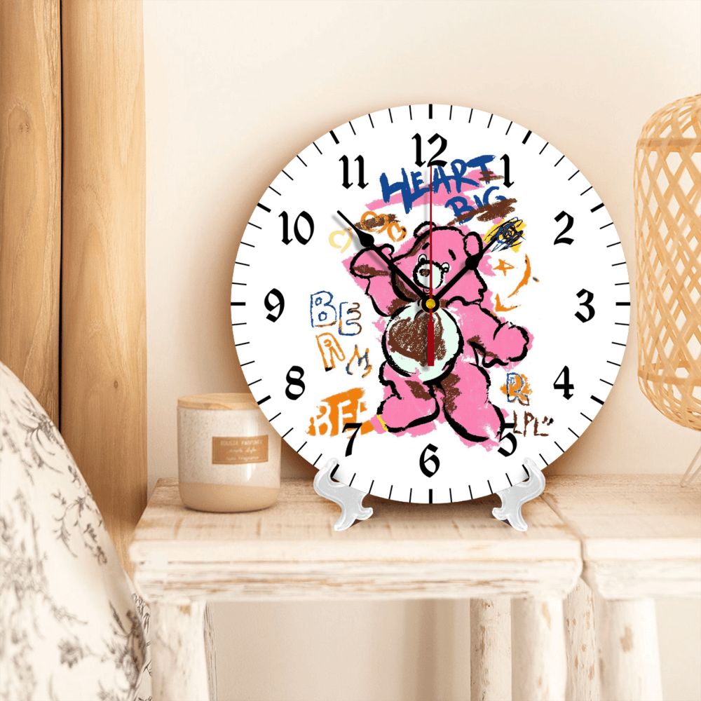 Pink Bear Creative Illustration, Round Stylish Luxury Digital Wall Clock