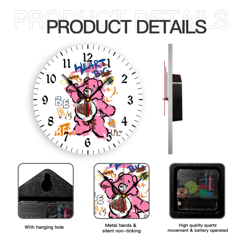 Pink Bear Creative Illustration, Round Stylish Luxury Digital Wall Clock