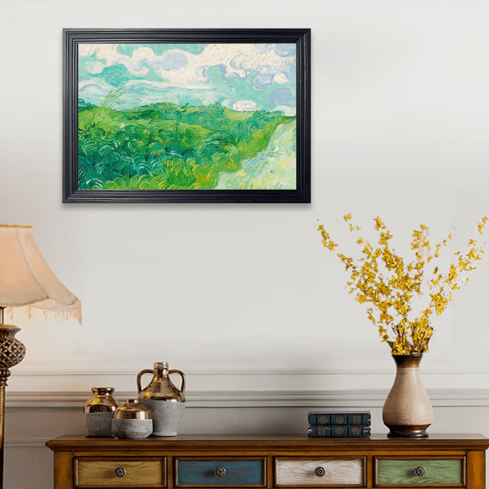 Van Gogh Green Wheat Field Oil Painting, Horizontal Framed Simple Decorative Canvas Painting