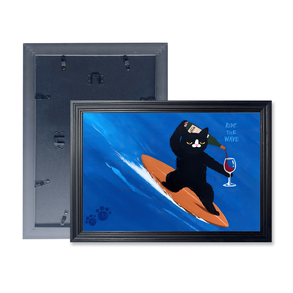 Cute Kitten Surfing Creative Illustration, Horizontal Framed Simple Decorative Canvas Painting