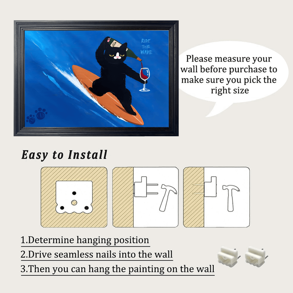 Cute Kitten Surfing Creative Illustration, Horizontal Framed Simple Decorative Canvas Painting