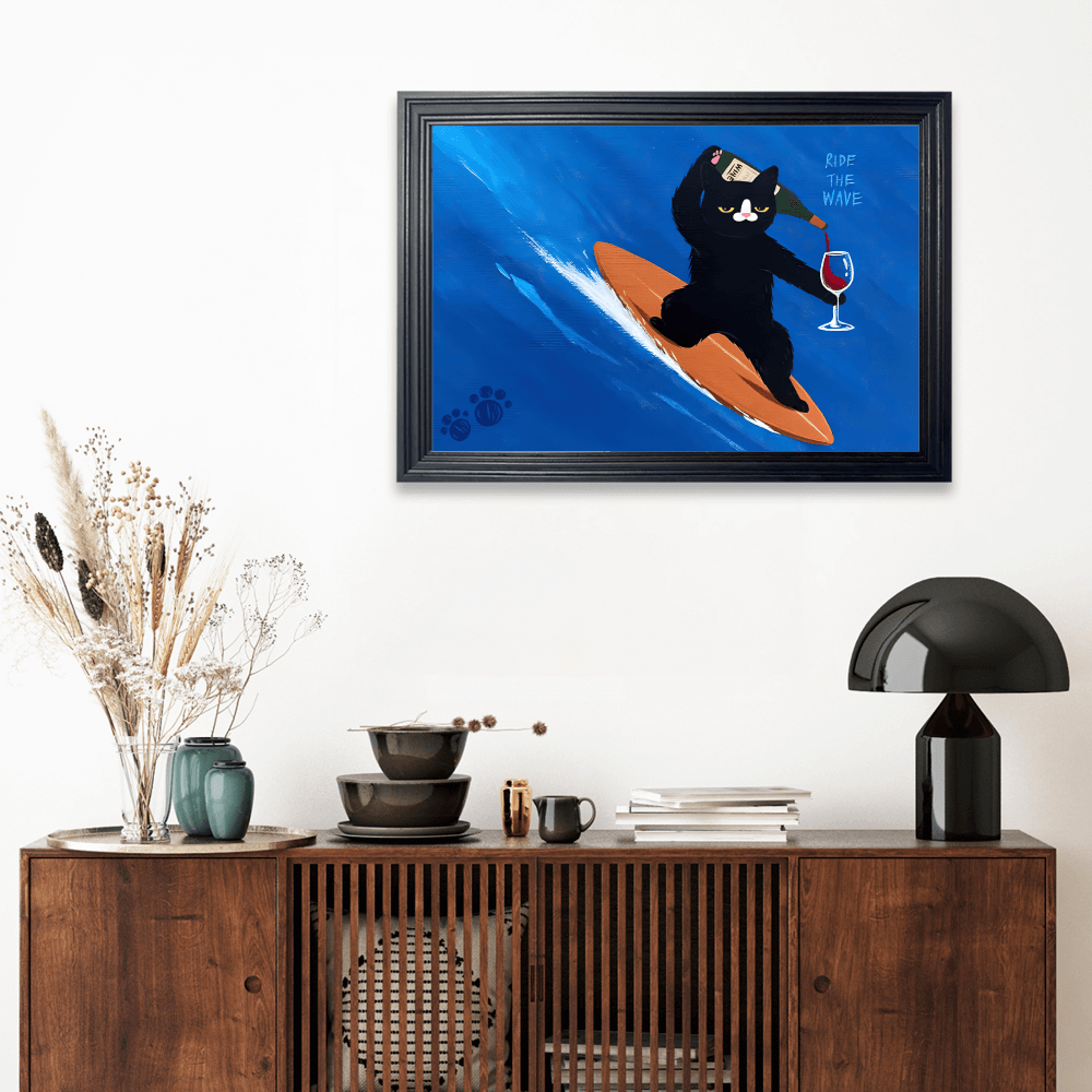 Cute Kitten Surfing Creative Illustration, Horizontal Framed Simple Decorative Canvas Painting