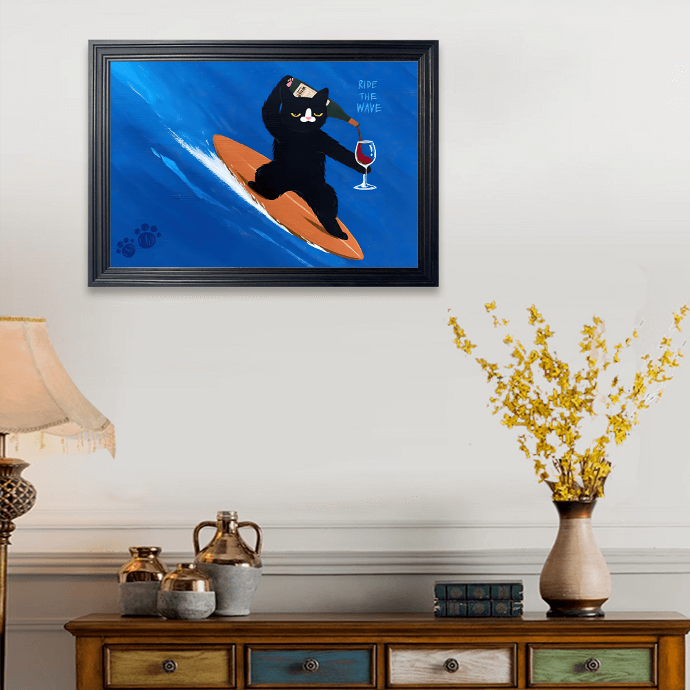 Cute Kitten Surfing Creative Illustration, Horizontal Framed Simple Decorative Canvas Painting