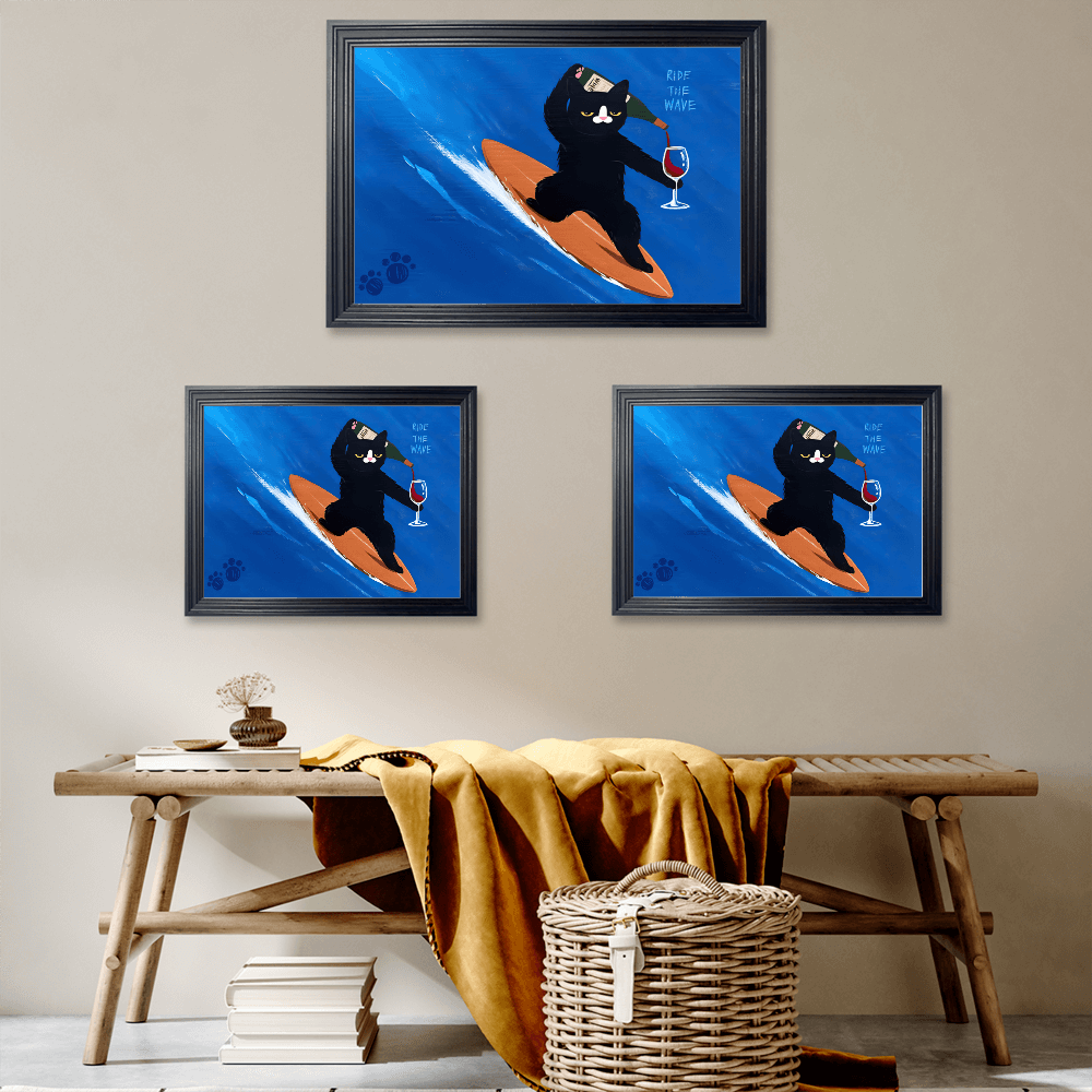 Cute Kitten Surfing Creative Illustration, Horizontal Framed Simple Decorative Canvas Painting