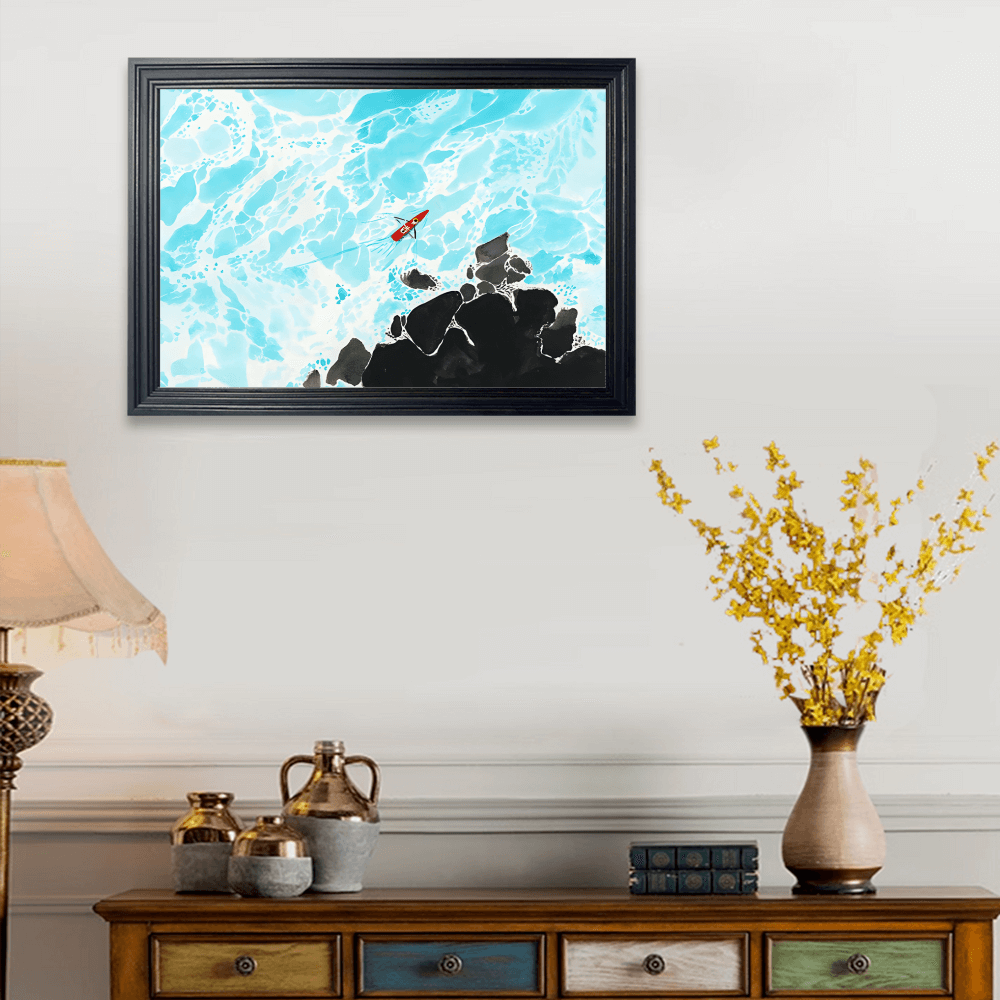 Ocean Waves Creative Illustration， Horizontal Framed Simple Decorative Canvas Painting