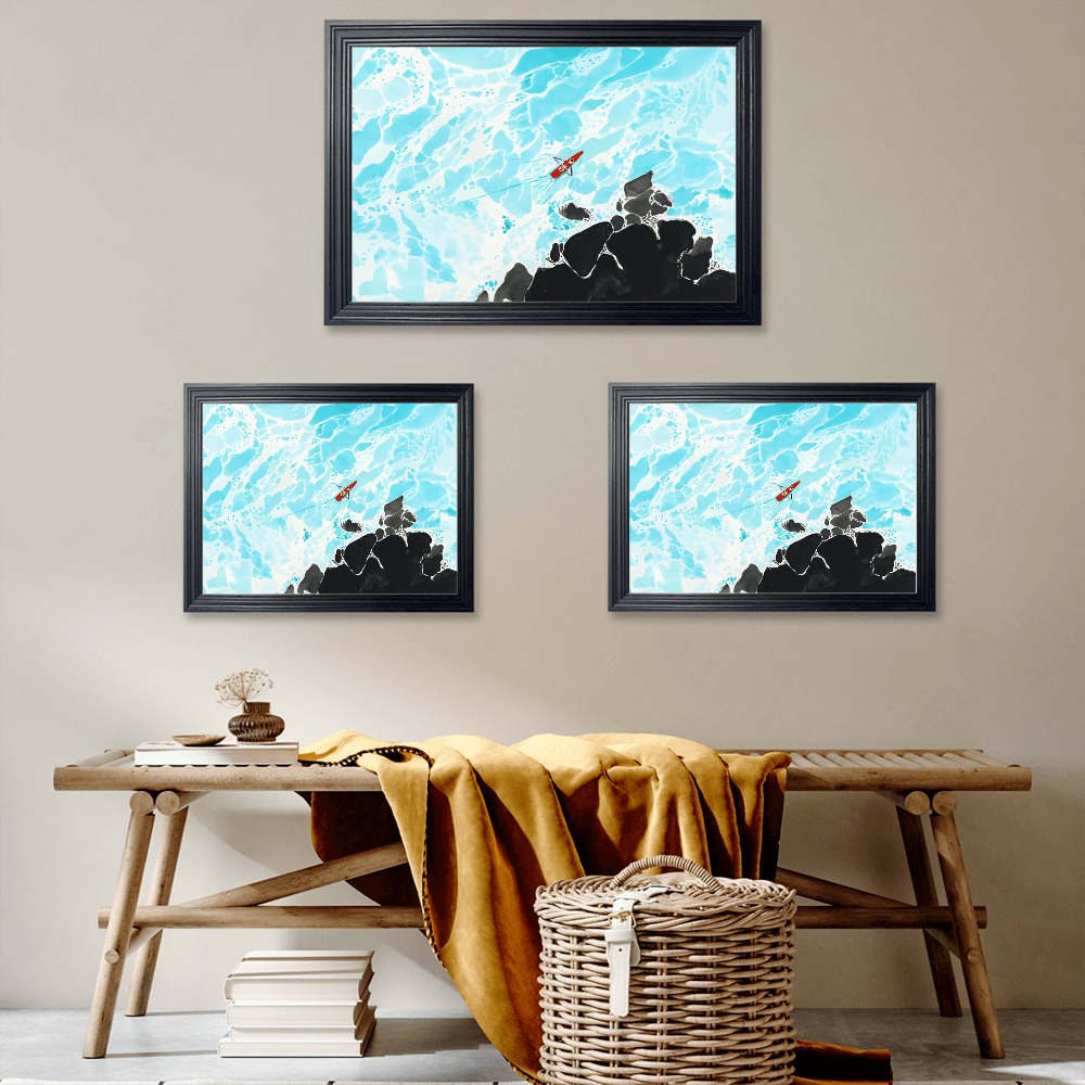 Ocean Waves Creative Illustration， Horizontal Framed Simple Decorative Canvas Painting