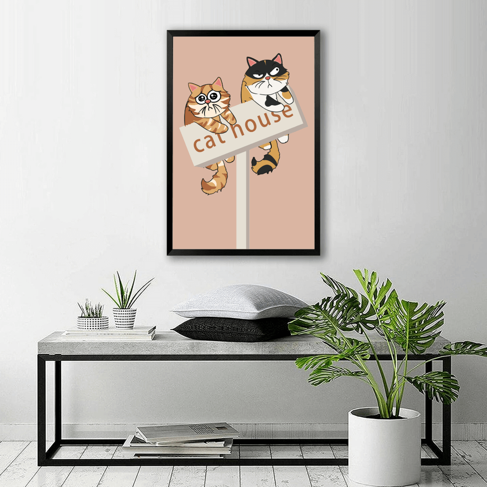 Cute Cat Illustration Pattern, Vertical Framed Simple Decorative Canvas Painting