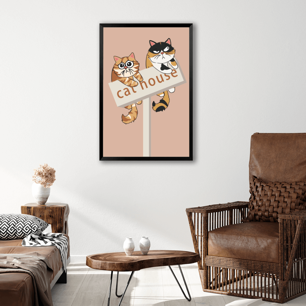 Cute Cat Illustration Pattern, Vertical Framed Simple Decorative Canvas Painting