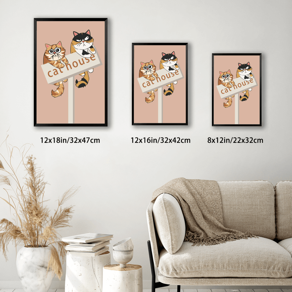 Cute Cat Illustration Pattern, Vertical Framed Simple Decorative Canvas Painting