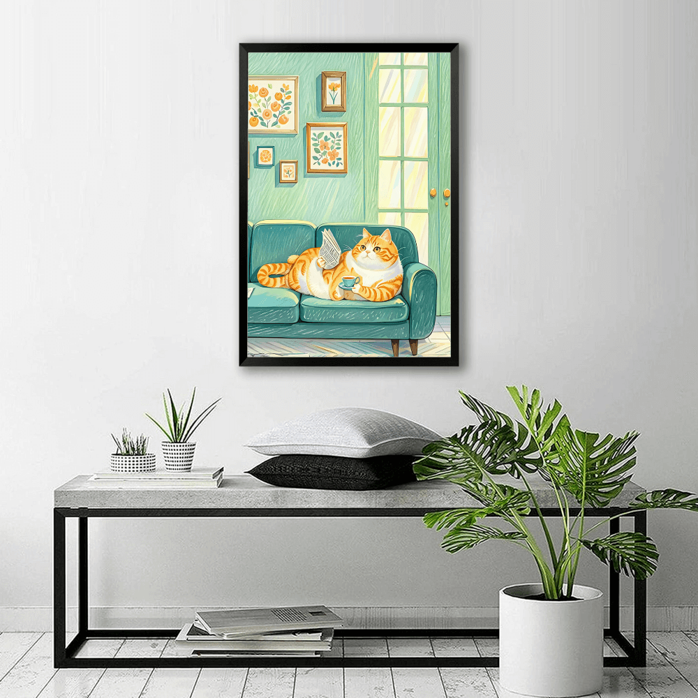 Lazy Kitten Illustration Creative,Vertical Framed Simple Decorative Canvas Painting