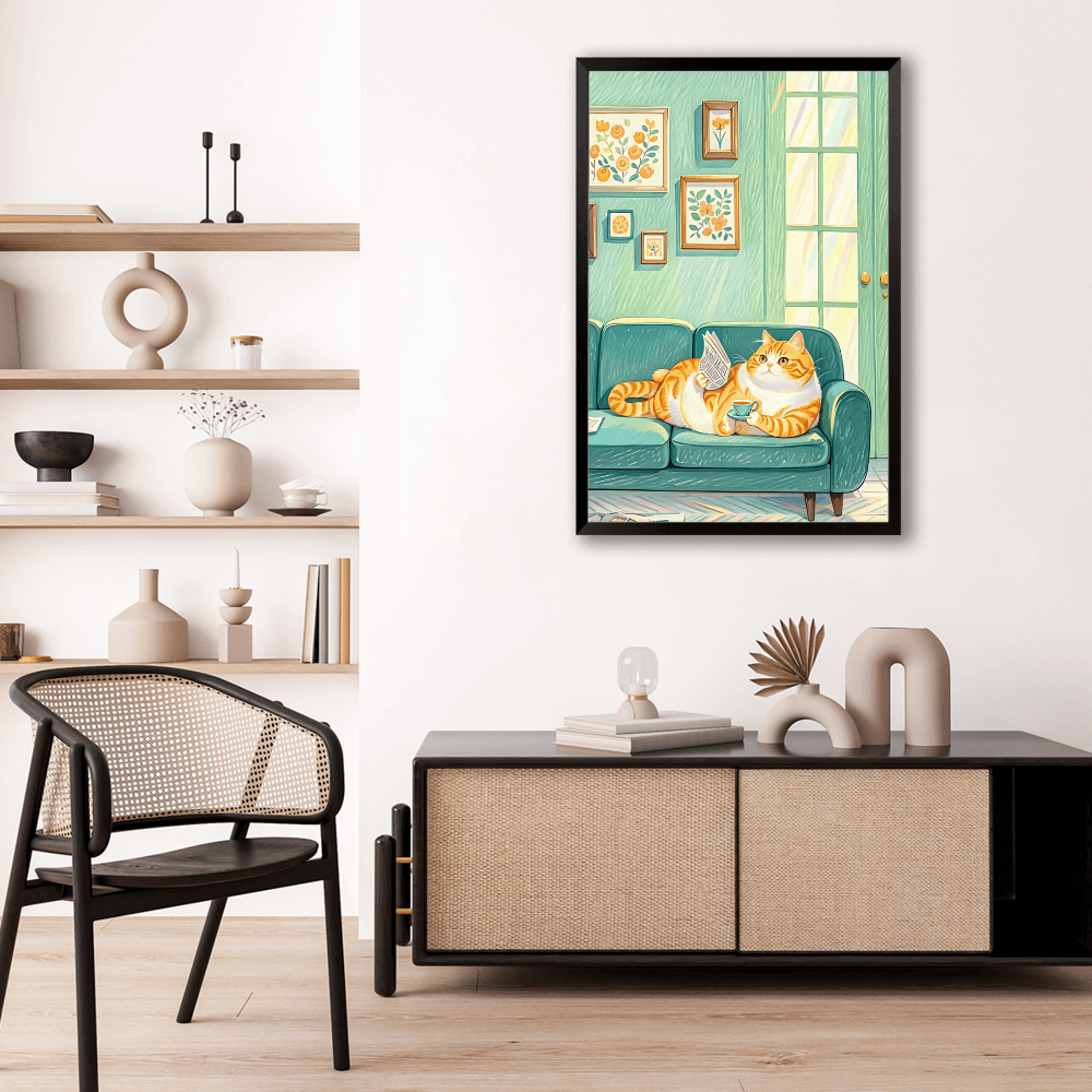 Lazy Kitten Illustration Creative,Vertical Framed Simple Decorative Canvas Painting