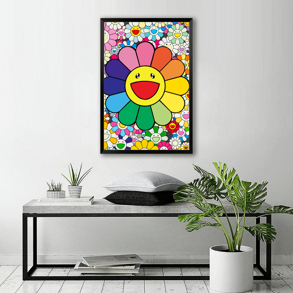 Smiley Sunflower Funny Creative,Vertical Framed Simple Decorative Canvas Painting