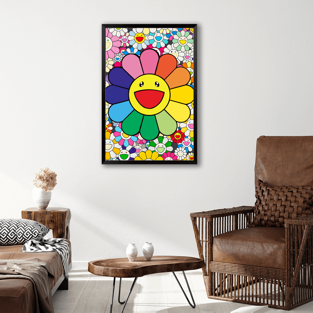 Smiley Sunflower Funny Creative,Vertical Framed Simple Decorative Canvas Painting