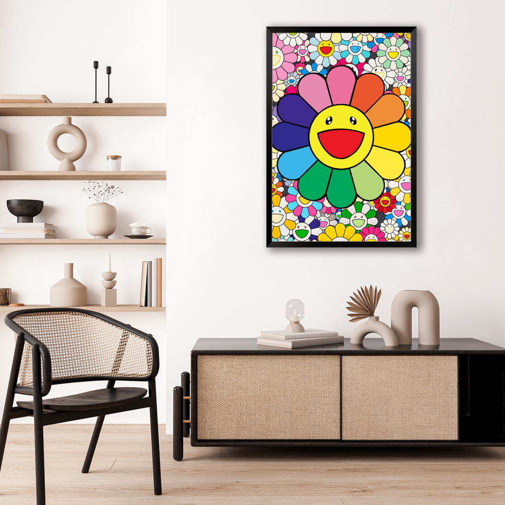 Smiley Sunflower Funny Creative,Vertical Framed Simple Decorative Canvas Painting