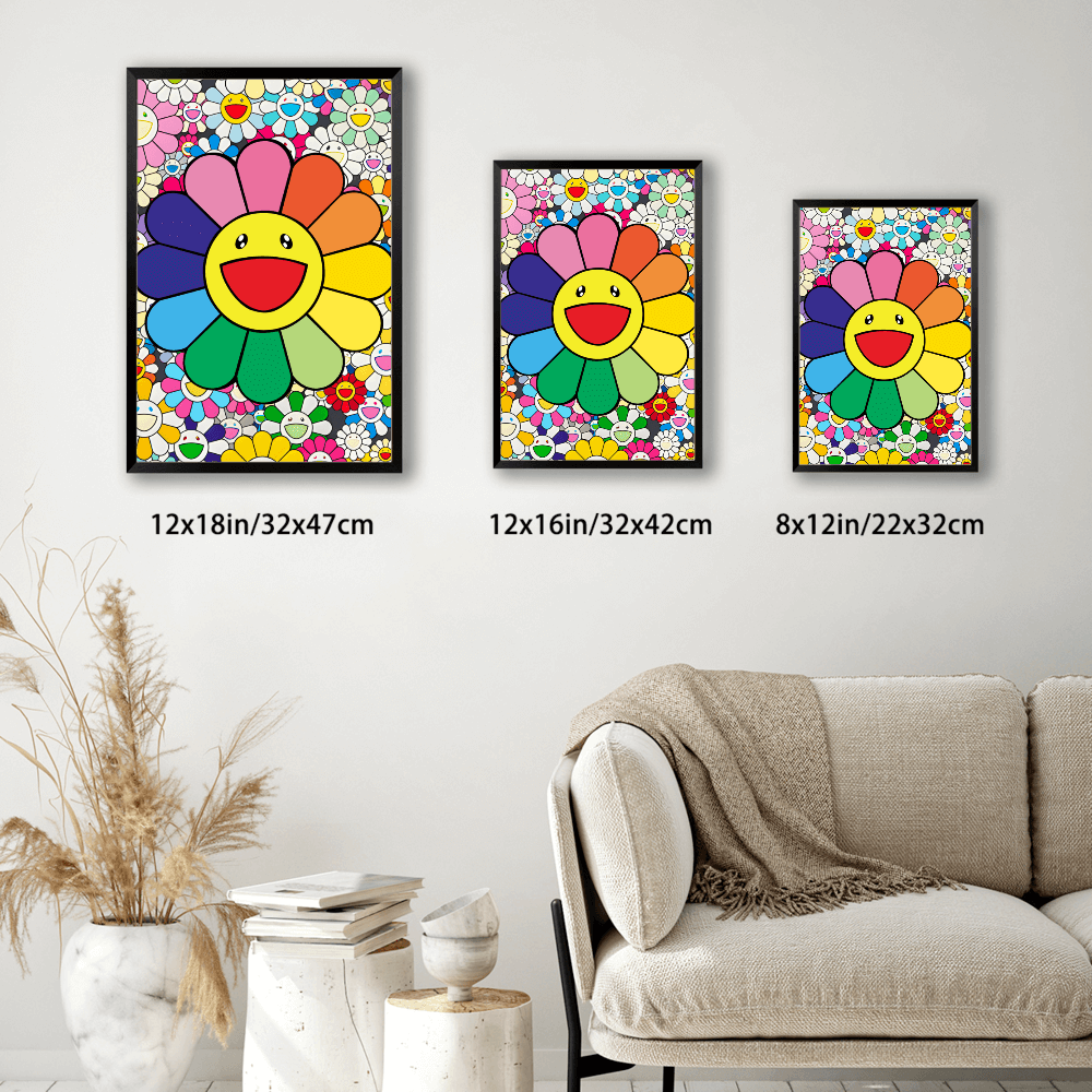 Smiley Sunflower Funny Creative,Vertical Framed Simple Decorative Canvas Painting