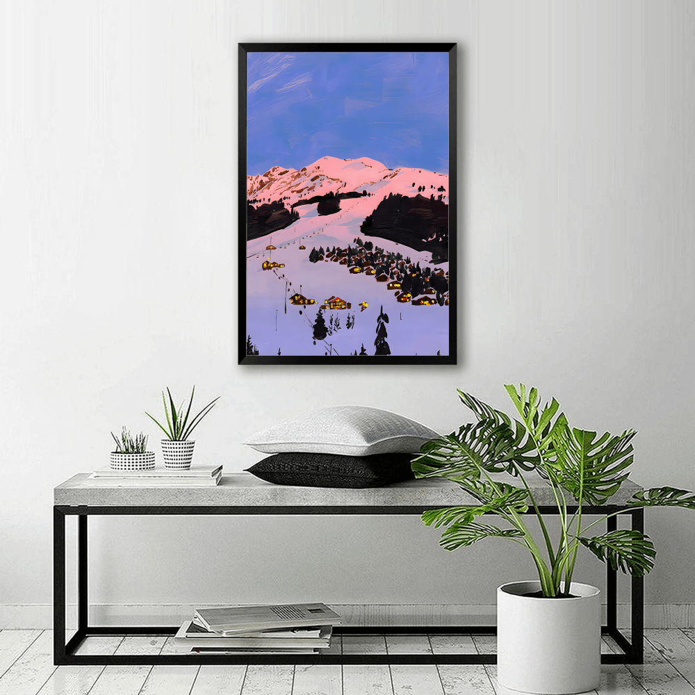 Creative Illustration Of Blue Sky And Snowy Mountains,Vertical Framed Simple Decorative Canvas Painting