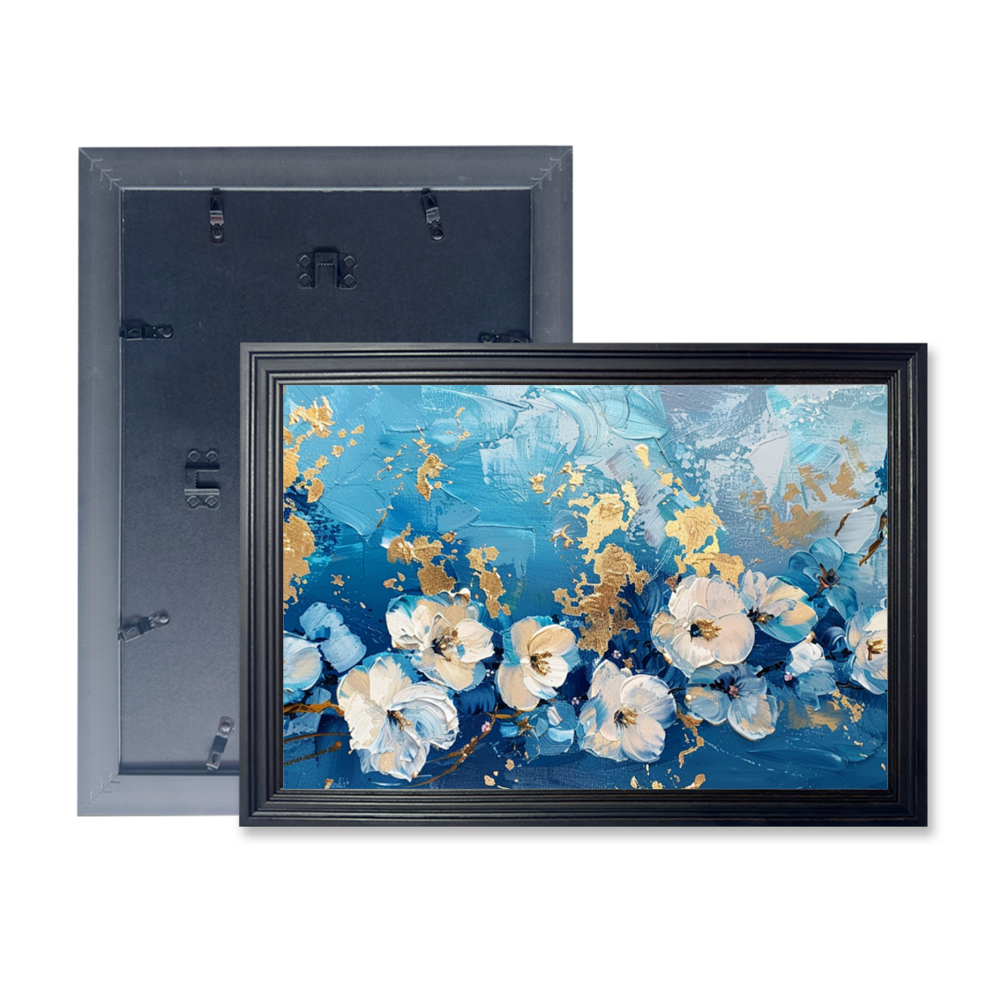 Blue Oil Painting Style Flower Creative Pattern，Horizontal Framed Simple Decorative Canvas Painting