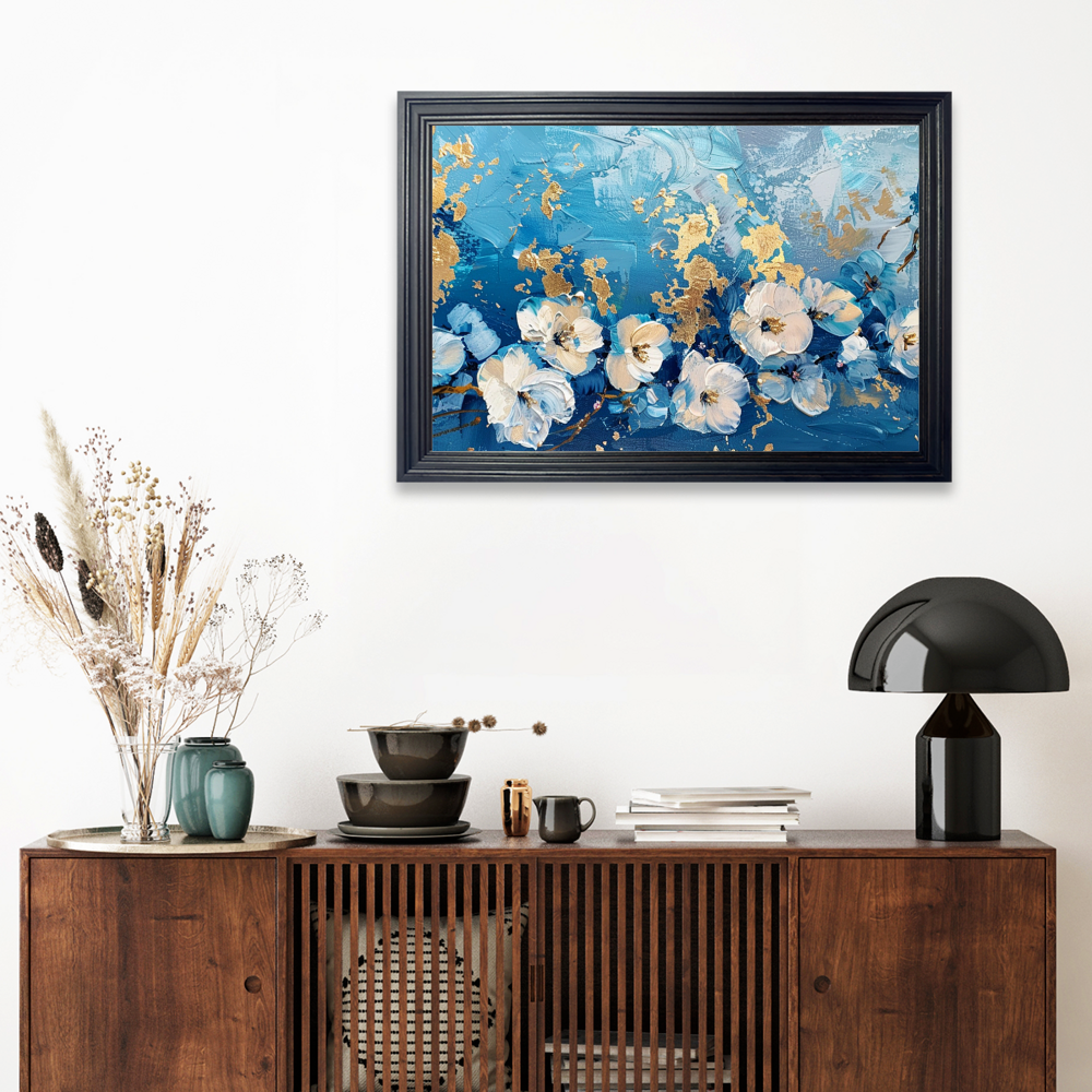 Blue Oil Painting Style Flower Creative Pattern，Horizontal Framed Simple Decorative Canvas Painting