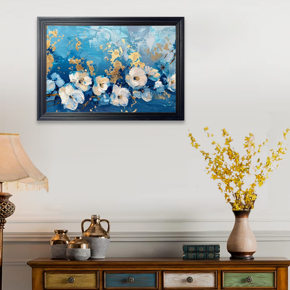 Blue Oil Painting Style Flower Creative Pattern，Horizontal Framed Simple Decorative Canvas Painting