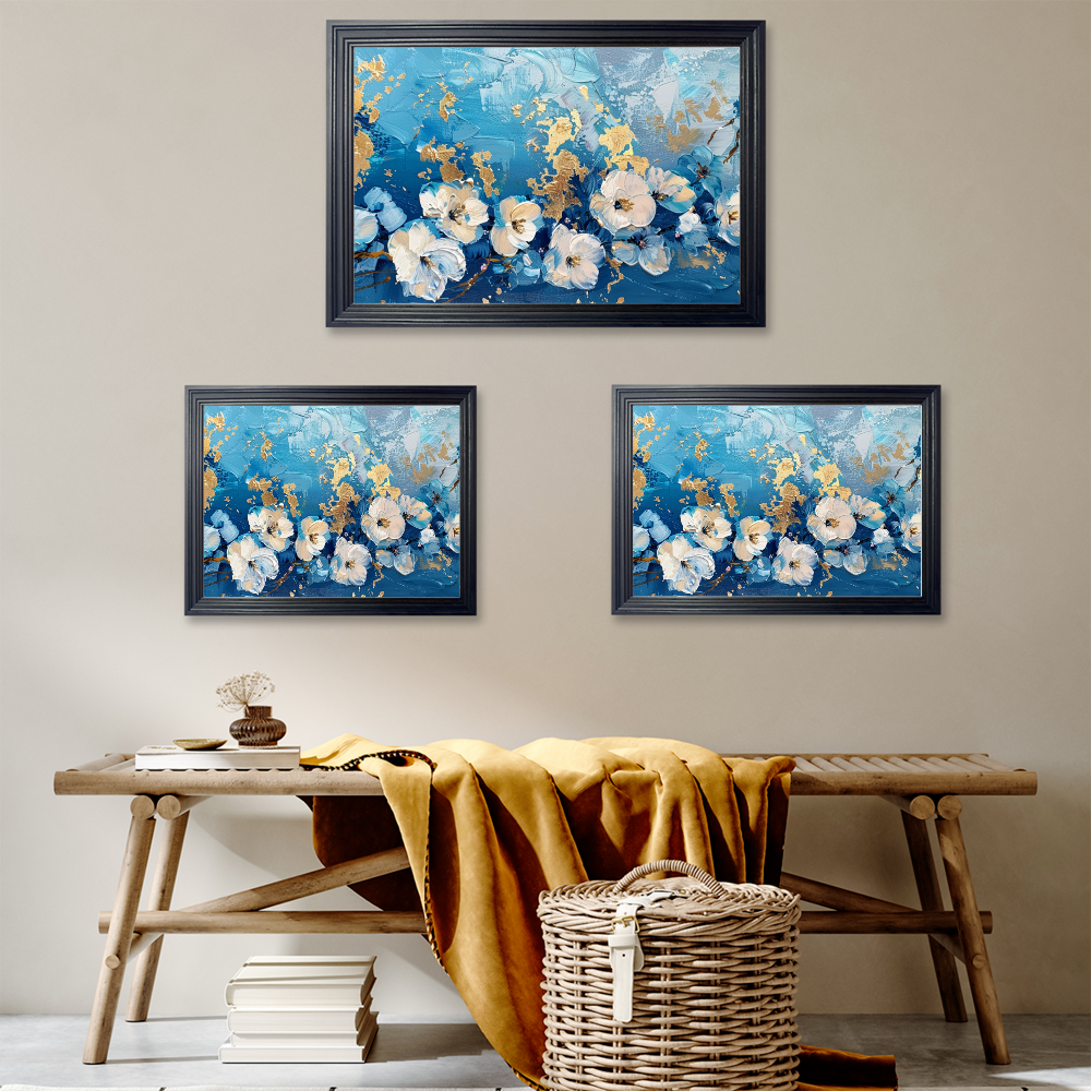 Blue Oil Painting Style Flower Creative Pattern，Horizontal Framed Simple Decorative Canvas Painting