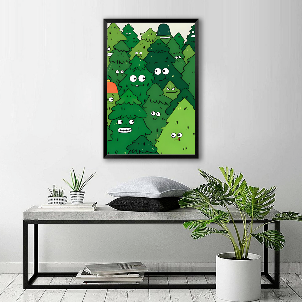 Green Christmas Tree Illustration Pattern,Vertical Framed Simple Decorative Canvas Painting