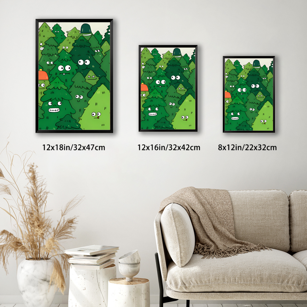 Green Christmas Tree Illustration Pattern,Vertical Framed Simple Decorative Canvas Painting