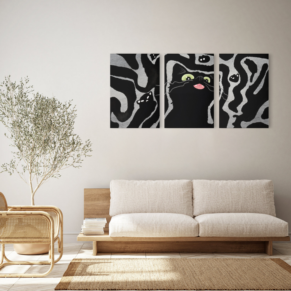 Cute Kitten Creative,Triple Frameless Canvas Painting.