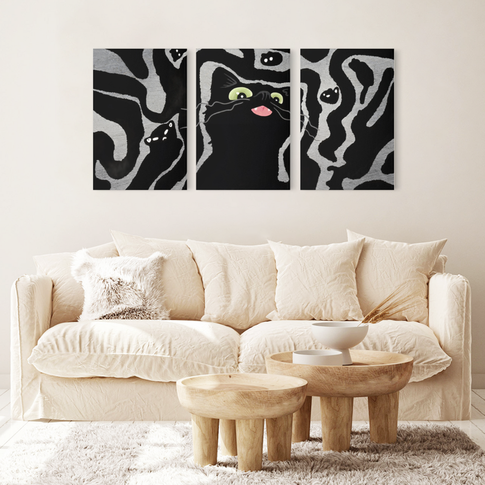 Cute Kitten Creative,Triple Frameless Canvas Painting.