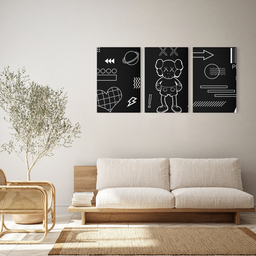 Black And White Line Pattern,Triple Frameless Canvas Painting.