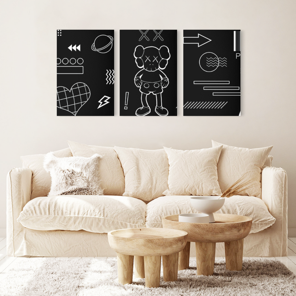 Black And White Line Pattern,Triple Frameless Canvas Painting.