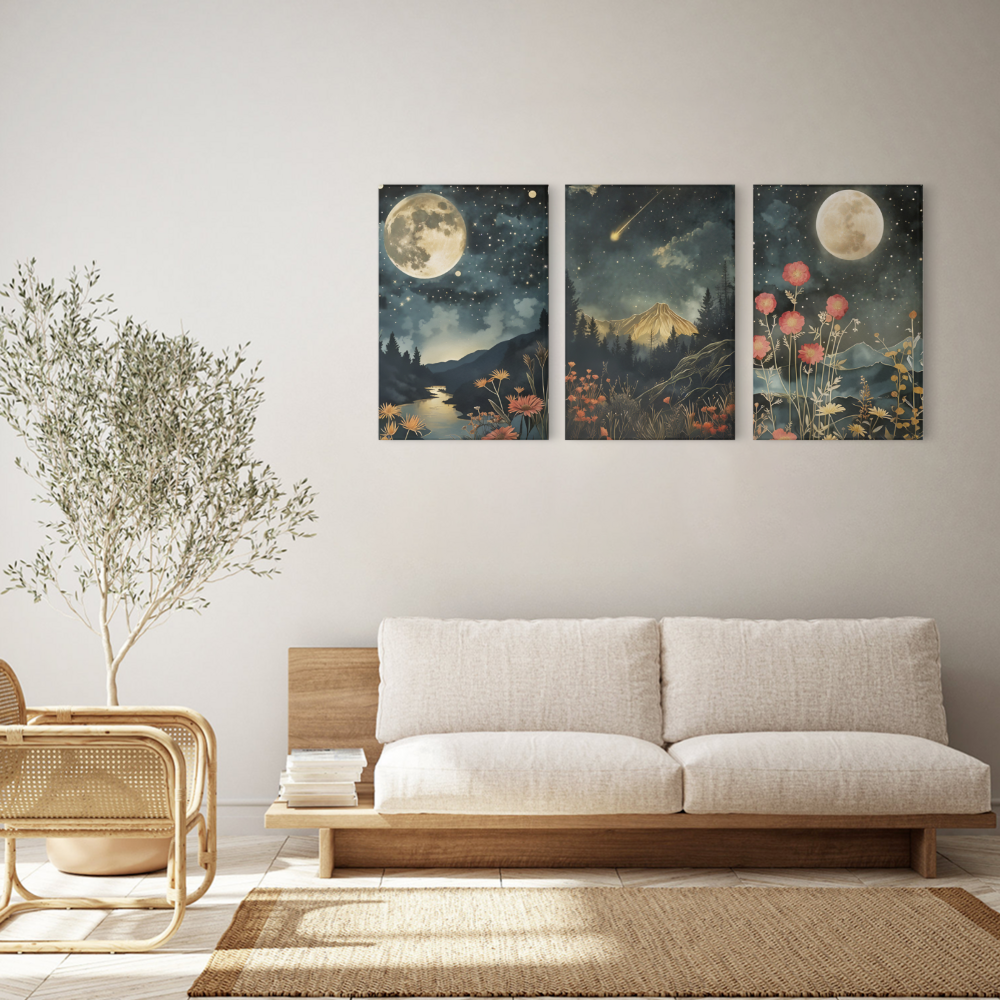 Floral Plants, Vintage Astronomy Art,Triple Frameless Canvas Painting.