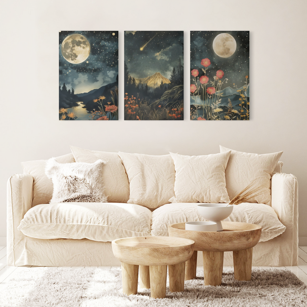 Floral Plants, Vintage Astronomy Art,Triple Frameless Canvas Painting.